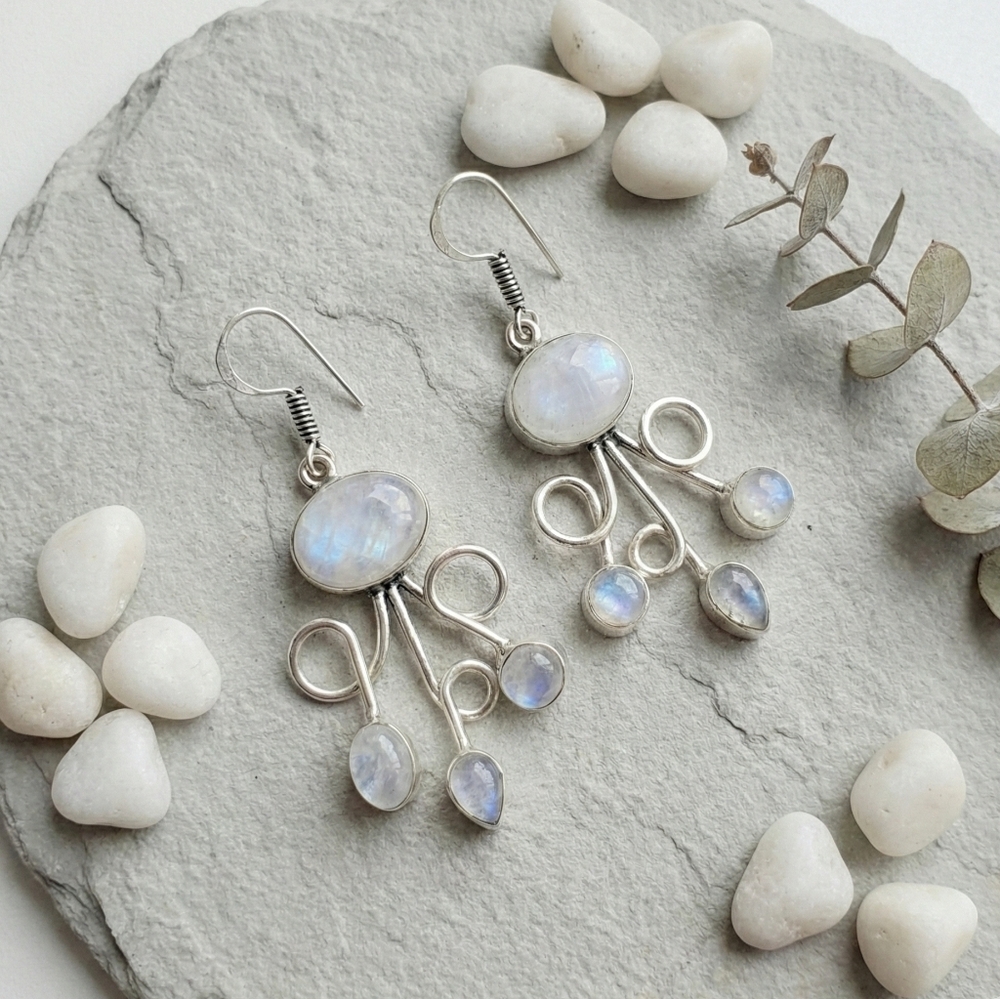925 Sterling Silver Moonstone Dangle Earrings Artisan Boho Swirl Drop Gift 2.2" - Picture 9 of 14